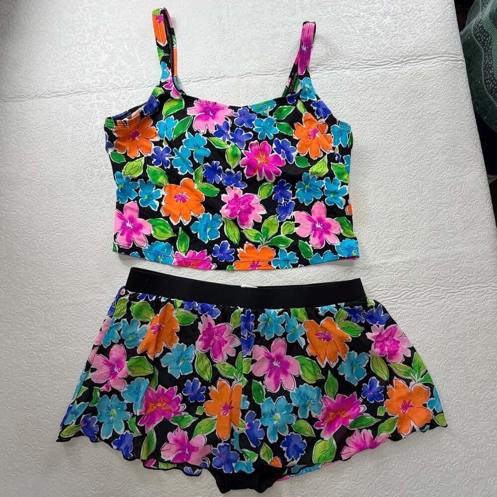 Catalina 2X Plus 2pc Floral Tankini Tank Top & Swim Skort skirt